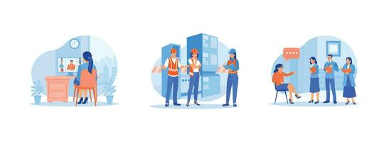 Briefing concept. Video calls with colleagues. Briefing at a heavy industrial manufacturing site. Listen to and take notes from company leaders. Set Trend Modern vector flat illustration