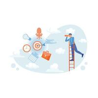 A businessman standing on stairs looking into the distance using a telescope. Business icons are floating in the air. Career Development Concept. Trend Modern vector flat illustration