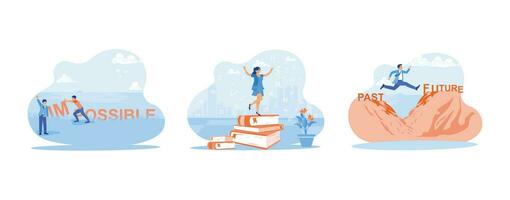 Self-improvement concept. I am turning the impossible into possible and standing on a pile of books. Jump from the past to the future. set trend modern vector flat illustration