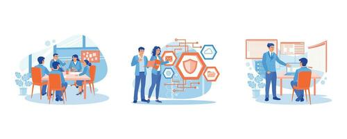 Discuss business ideas. Server Technician and IT Specialist. Programming on computers. Discuss Information concept. set trend modern vector flat illustration