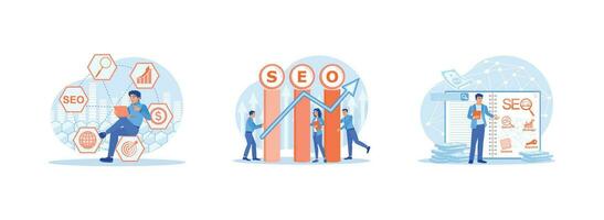 seo concepto. sitio web tráfico clasificación marketing. seo buscar motor mejoramiento. tomar Nota de el seo mejoramiento esquema. conjunto tendencia moderno vector plano ilustración