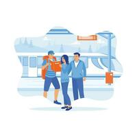 un grupo de amigos fuimos en un turista viaje utilizando un mapa y un tren. ellos reunido a el tren estación mientras mirando a el mapa. turista guía concepto. tendencia moderno vector plano ilustración