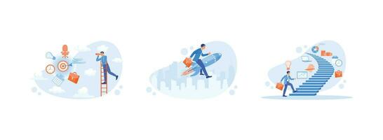 Career Development concept. Standing on the stairs looking using a telescope. Businessman with rocket jet. Business ideas along the stairs. Set Trend Modern vector flat illustration