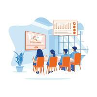 Four young businesspeople are sitting in a conference room. Learn SEO performance using LCD screens to improve company business. SEO concept. trend modern vector flat illustration