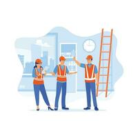 Engineers and architects work in the interior construction process of a house. Using a digital tablet to record information when inspecting construction work. Discuss Information concept. vector