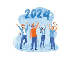 Happy people celebrating the new year 2024. Having a party with fireworks and throwing confetti. Happy New Year 2024 concept. Trend Modern vector flat illustration