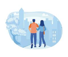 un joven Pareja camina a lo largo un ciudad calle. personas son yendo a lo largo ciudad calles urbano panorama con peatones concepto. tendencia moderno plano vector ilustración