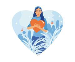 joven mujer en pie en el parque. participación el corazón firmar con ambos manos en el cofre y clausura el ojos siente paz en el corazón. feliz, calma, pacífico niña concepto. vector