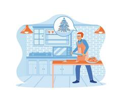 Young man in Santa hat cooking in home kitchen. Prepare cakes and food to eat together at Christmas. Family sharing Christmas Eve concept. trend modern flat vector illustration