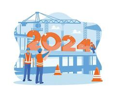 un grupo prepara un evento a Bienvenido nuevo años víspera 2024. yo a.m instalando números en un alto edificio con un grua. contento nuevo año 2024 concepto. tendencia moderno vector plano ilustración