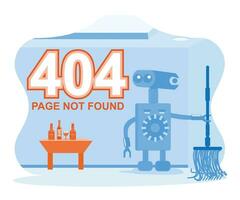 Robot washing machine with a mop, glass of wine, and bottle on the table. 404 error page not found. 404 error page concept. trend modern flat vector illustration