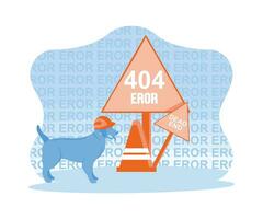 A dog wearing a safety helmet. Standing near the safety cone and 404 error warning and dead end sign on wooden post. 404 error page concept. trend modern flat vector illustration