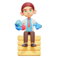 3d illustration male doctor sit down and holding pill png