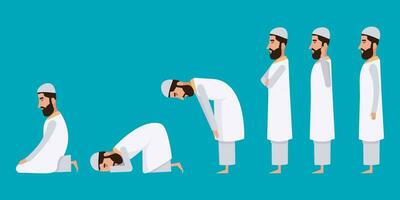 musulmán oración posiciones namaz cuerpo poses mínimo personaje vector