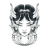 girl head with oni mask line art illustration vector