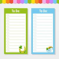 To do list for kids. Empty template. The rectangular shape. Funny character. cartoon style. For the diary, notebook, bookmark. Vector illustration.