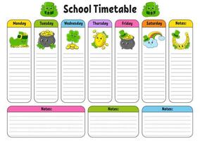 School schedule. Timetable for schoolboys. Empty template. Weekly planer with notes. cartoon character. Vector illustration.