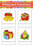 Writing words from pictures. Learn English words. Education developing worksheet. Color activity page. cartoon character. Vector illustration.