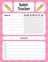 Habit tracker for kids. Sheet template for printing. With cute character. Vector illustration.