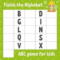 Finish the alphabet. ABC game for kids. Education developing worksheet. Learning game for kids. Color activity page. Vector illustration.