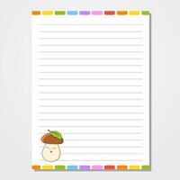 Sheet template for notebook, notepad, diary. Lined paper. Cute character. With a color image. cartoon style. Vector illustration.