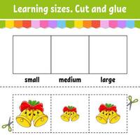 Learning sizes. Cut and glue. Easy level. Color activity worksheet. Game for children. Cartoon character. Vector illustration.