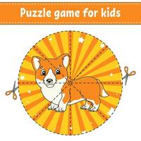 Cut and play. Round puzzle. Logic puzzle for kids. Activity page. Cutting practice for preschool. cartoon character. Vector illustration.