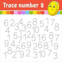 Trace number . Handwriting practice. Learning numbers for kids. Education developing worksheet. Activity page. Game for toddlers and preschoolers. Vector illustration.