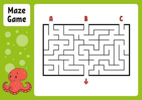 Rectangle maze. Game for kids. Three entrances, one exit. Education worksheet. Puzzle for children. Labyrinth conundrum. Find the right path. cartoon character. Vector illustration.