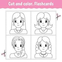 Cut and color. Flashcard Set. Coloring book for kids. Cute cartoon character. Black contour silhouette. Isolated on white background. Vector illustration.