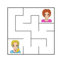 Simple square maze for toddlers. With cute cartoon characters. Isolated on white background. Vector illustration.