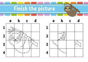 Finish the picture. Coloring book pages for kids. Education developing worksheet. Game for children. Handwriting practice. cartoon character. Vector illustration.