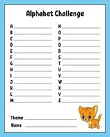 Alphabet challenge. Educational activity worksheet for kids and toddlers. Game for children. Vector illustration.