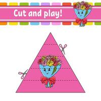 Cut and play. Logic puzzle for kids. Education developing worksheet. Learning game. Activity page. Cutting practice for preschool. Vector illustration.