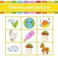 Find two same pictures. Task for kids. Education developing worksheet. Activity page. Color game for children. Funny character. Cartoon style. Vector illustration.