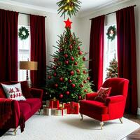 AI generated Christmas festive interior, Christmas tree with toys and gifts, AI generation photo