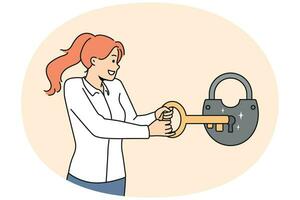 Smiling woman open lock with huge key vector