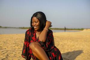 outdoor fashion photo of beautiful happy lady at the sea.