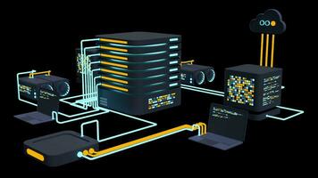 computador tecnologia 3d animação. computação do grande dados Centro. nuvem Informática. conectados dispositivos Envio e baixar Informação. transparente fundo com alfa canal video