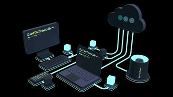 Cloud technology computing animation. Modern cloud technology. Data center isometric concept. Web hosting concept. Transparent background with alpha channel video