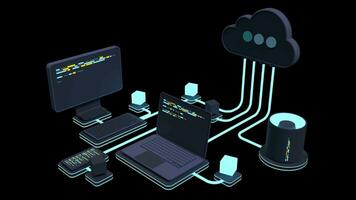 nube tecnología informática animación. moderno nube tecnología. datos centrar isométrica concepto. web hospedaje concepto. transparente antecedentes con alfa canal video