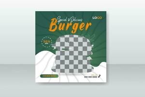 Delicious burger social media post design for restaurant, food social media promotion and post design template with abstract shapes vector