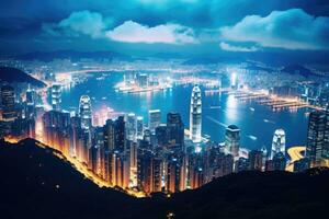 ai generado hong kong paisaje urbano a noche. hong kong es el mas grande ciudad en el mundo, hong kong ciudad ver desde el pico a crepúsculo, ai generado foto