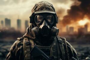 AI generated Portrait of a special forces soldier in a gas mask at sunset, AI Generated photo
