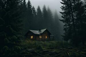 AI generated Wooden cottage in the forest in the fog. Carpathians, Ukraine, AI Generated photo