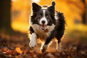 AI generated Portrait of cute smilling puppy border collie in autumn park, Border collie dog running in the autumn meadow, Pet animals enjoying the outdoors, AI Generated photo