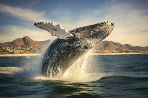 ai generado jorobado ballena saltando fuera de el agua en el océano, jorobado ballena saltando fuera de el agua, ai generado foto