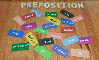 English grammar word cards on wooden desk photo