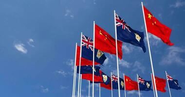 Anguilla and China Flags Waving Together in the Sky, Seamless Loop in Wind, Space on Left Side for Design or Information, 3D Rendering video