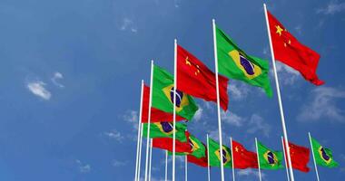 Brazil and China Flags Waving Together in the Sky, Seamless Loop in Wind, Space on Left Side for Design or Information, 3D Rendering video